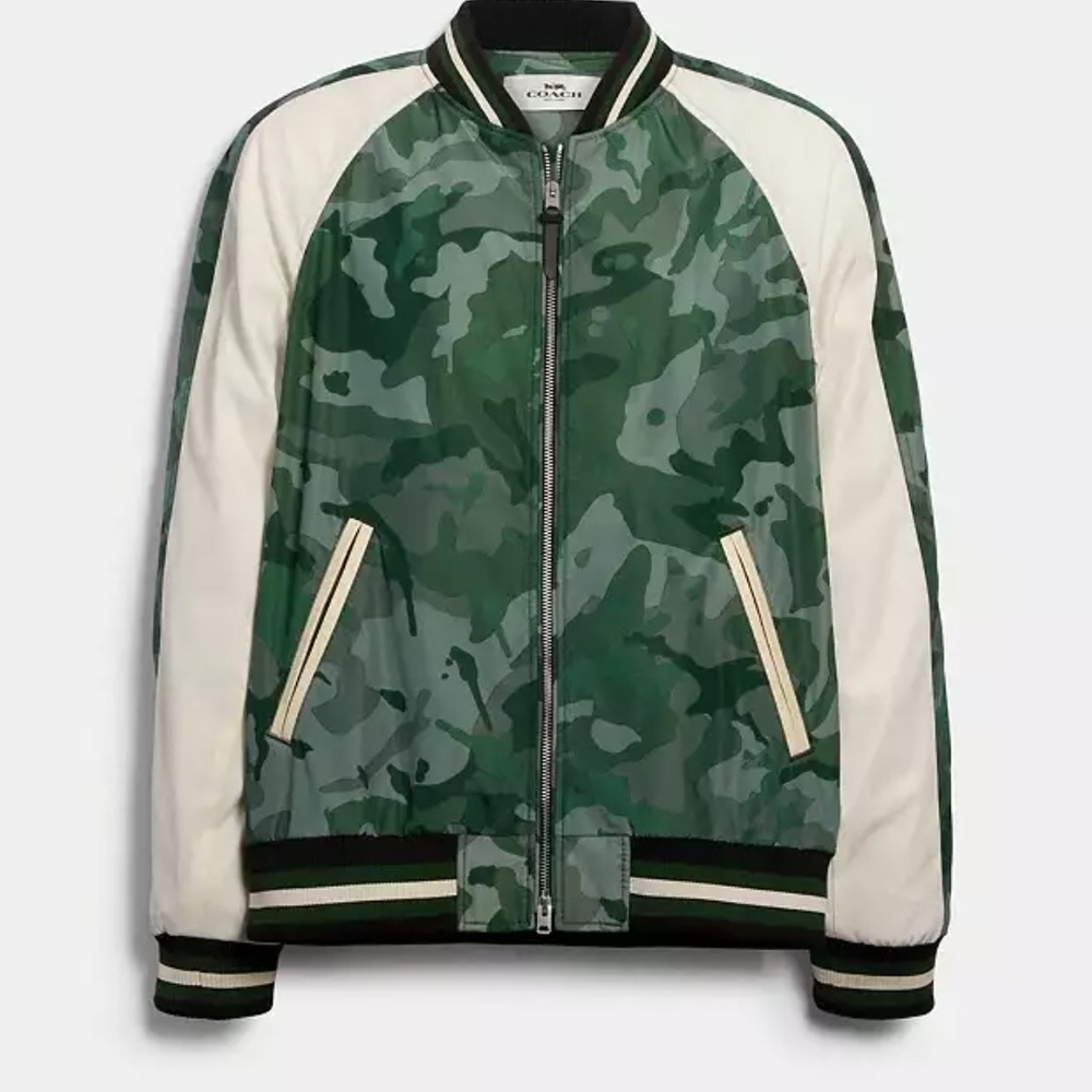 Coach Green and White Varsity Bomber Jacket